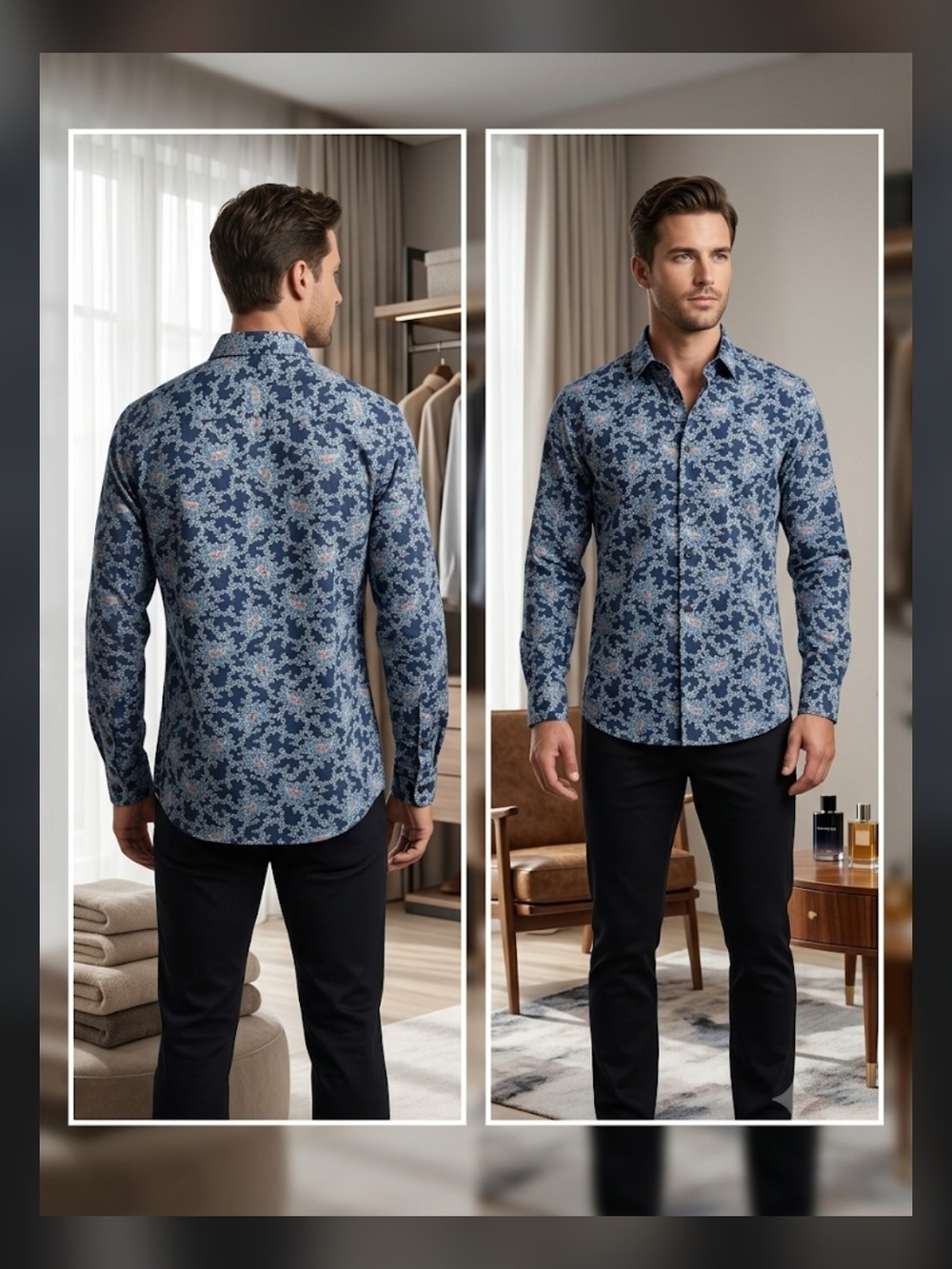Perry Ellis Men's Navy Slim Fit Floral Paisley Button Down Long SleeveShirt L